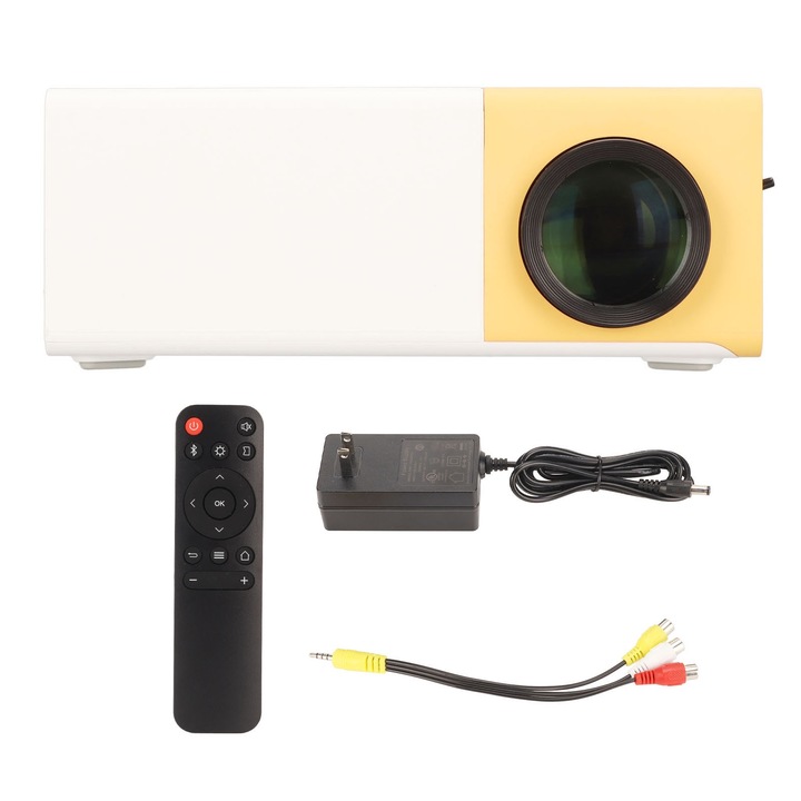 WiFi-s mini videoprojektor, longziming, 1080P, sárga és fehér, HiFi hangszórókkal, 1,5-5,9 m, 100-240V