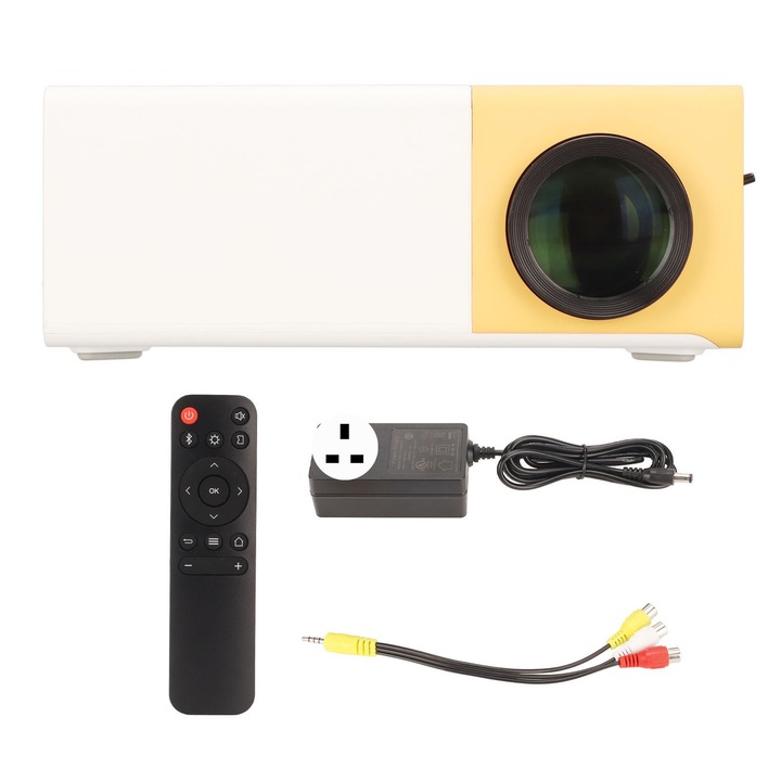 WiFi-s mini videoprojektor, longziming, 1080P, sárga és fehér, HiFi hangszórókkal, vetítési távolság 1,5-5,9 m