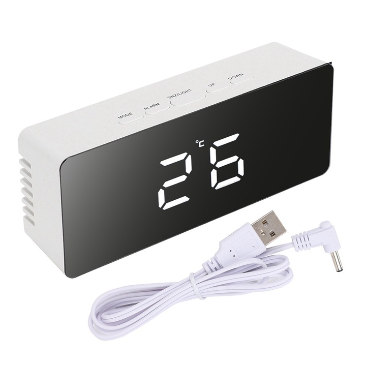 LED ébresztőóra tükörrel, Jormftte, fehér, 14x5,5x3,4 cm, szundi funkció, éjszakai üzemmód