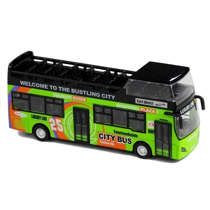 Autobuz turistic, LEAN TOYS, metal, 1:32, deschidere usi, 3ani+, verde, 17x7x5cm