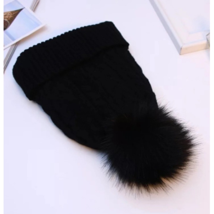 Gyapjú sapka pomponnal, Jormftte, fekete, unisex, kényelmes, télre
