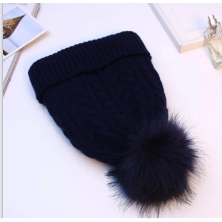 Jormftte unisex gyapjú sapka, sötétkék, pomponnal, kényelmes, télre
