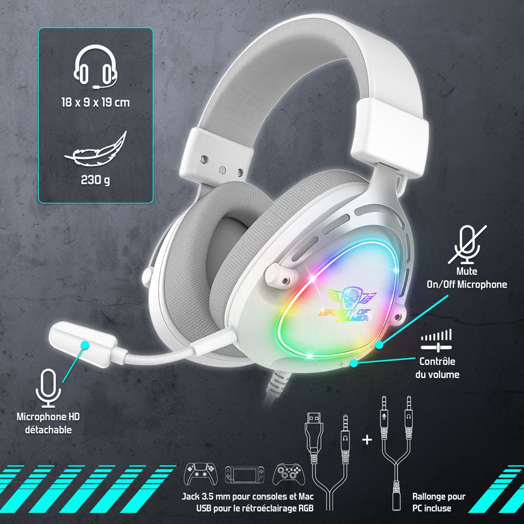 Casti cu fir Spirit of Gamer Elite H40, alb, RGB, 3.5mm