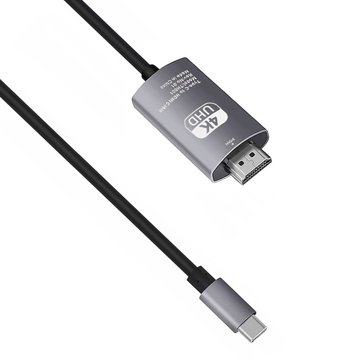 Кабел DeTech, USB-C – HDMI, 2.0m, 4K, 30Hz, Сив