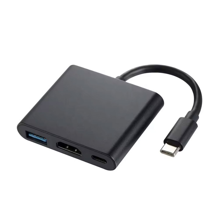 Преходник DeTech, 3в1 USB-C–HDMI+USB3.0+PD, 4K, 30Hz, Сив