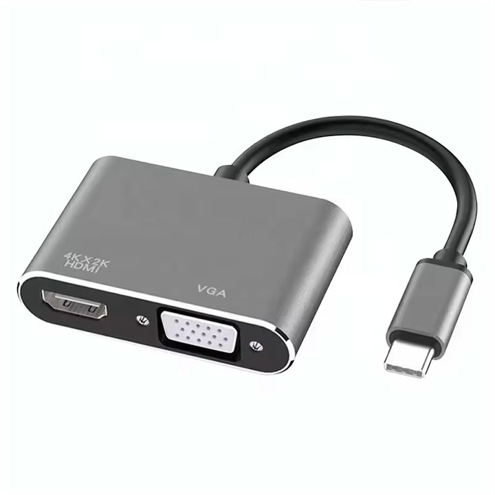 Преходник DeTech, 2в1, USB-C – HDMI+VGA, 4K, 30Hz, 3D, Сив