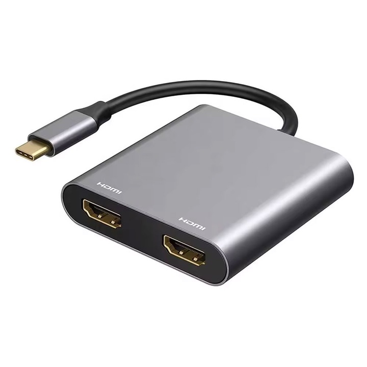 Преходник DeTech, 2в1, USB-C –2хHDMI, 4K, 30Hz, Сив