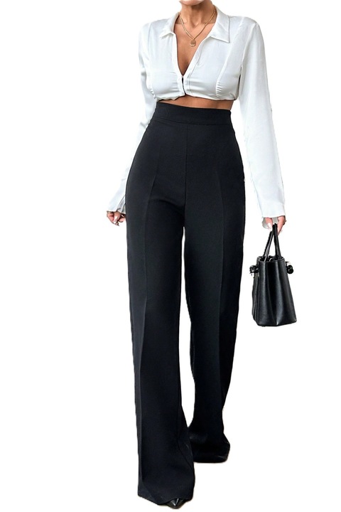 Pantaloni Dama, Casual, Cu Picior Larg Si Culoare Solida, Negru