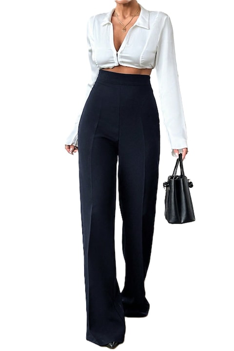 Pantaloni Dama, Casual, Cu Picior Larg Si Culoare Solida, Albastru inchis