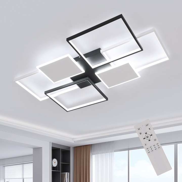 LED таванна лампа, Goeco, квадратна, черно + бяло, 110×70×5 см, безстепенно димиране с дистанционно управление, 3000k-6500k, 70W
