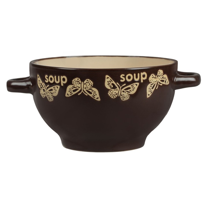 Bol din portelan maro bej cu model fluturi & menere 650ml