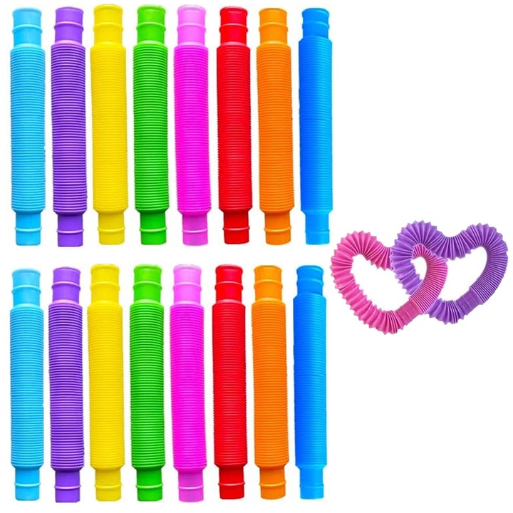Комплект от 18 сензорни интерактивни играчки за деца, Hggzeg, Телескопични тръби, Connect, Stretch, Twist and Pop, Stress and Anxiety Relief, Plastic, 12cm-46cm, Multicolor