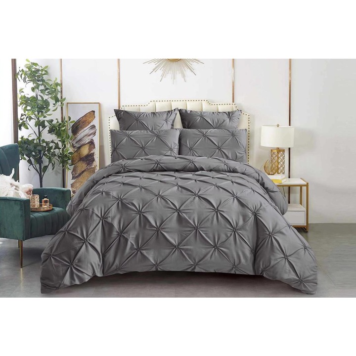 Памучно меко спално бельо, 6 бр., плътно, тъмно сиво, SH-PL02, чаршаф 220x240см, чаршаф 200x230см с цип, калъфка 50x70см-2 бр., калъфка 80x80см-2 бр.