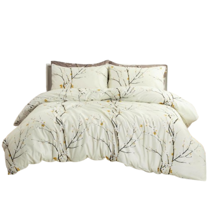 Set de lenjerie de o persoana cu imprimeu cu flori, fata de perna 80 x 80 cm, in nuante de bej si galben, 135x200 cm, cu inchidere cu fermoar