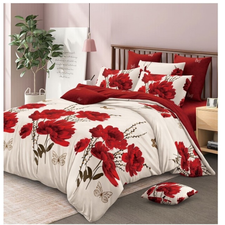 Lenjerie de pat dubla, 6 piese, 2 persoane, 245x250 cm, imprimeu maci, multicolor