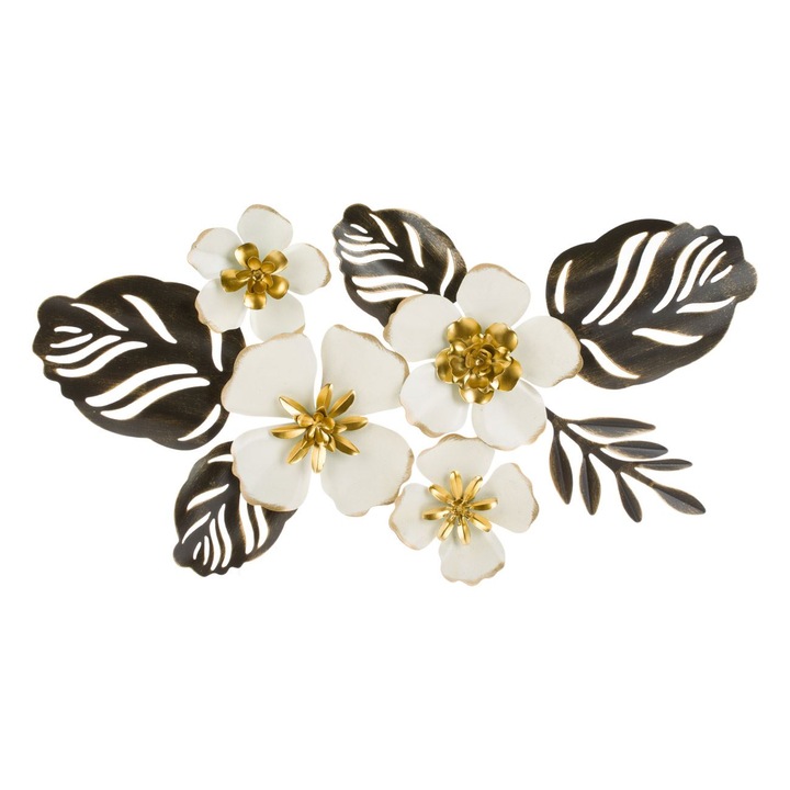 Decoratiune de Perete, Model Flori Metalice, Culori Ecru-Maro-Auriu, Dimensiuni 65x36x3.5 cm
