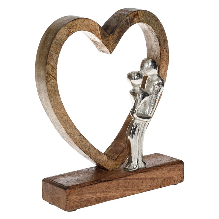 Decoratiune Masa Lemn si Metal, Inima - Cuplu Imbratisat, dimensini 18x5x22cm