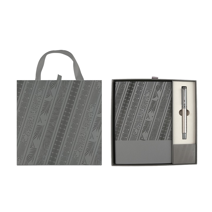 Set caiet si pix Floral Gray, cutie, gri