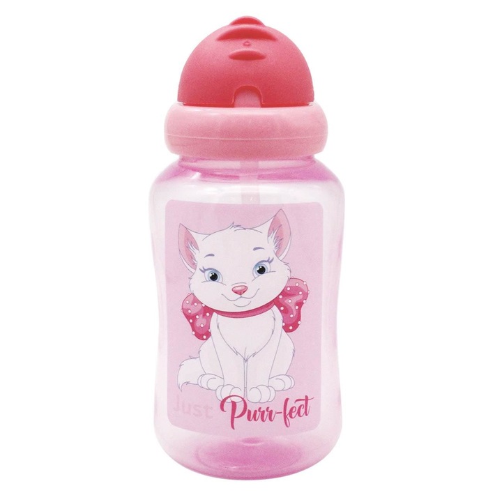 Edzőpohár szívószállal, Mézes baba, Macska, Rózsaszín, Űrtartalom 340 ml, Műanyag