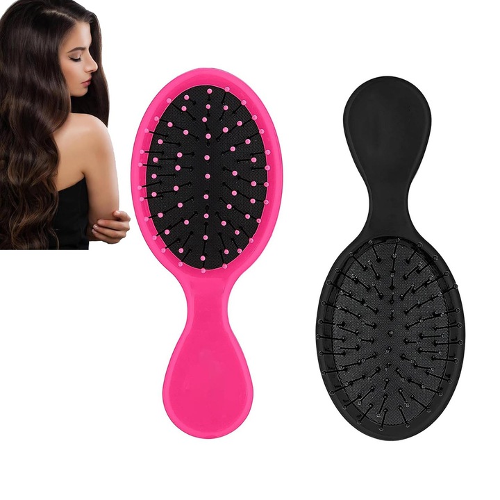 Perie de descurcare, 2 buc, Design ergonomic, Potrivita Pentru Par Drept, Cret, Pentru par umed si uscat, Ideala Pentru Uz Zilnic, Plastic, OUYLAF, negru/roz