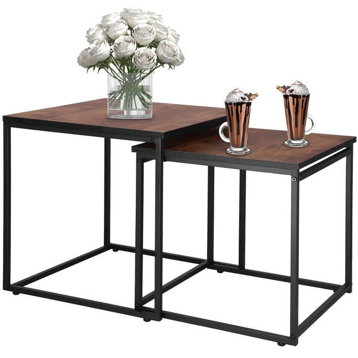 Комплект от 2 холни маси, стоманена конструкция, индустриален стил, 50x50x52 см и 45x45x47 см, кафяви