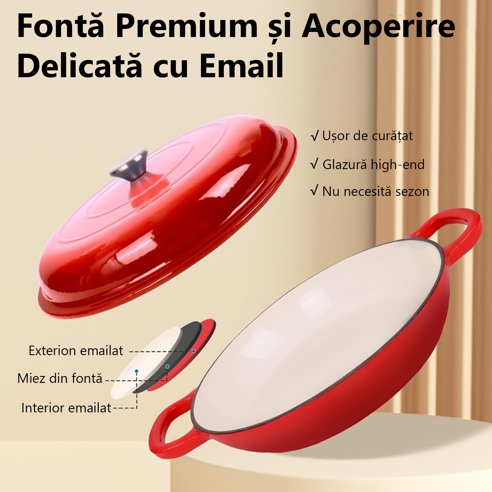 Oala cu capac din fonta emailata, cratita fonta cu maner, 3.8L, 30cm ...