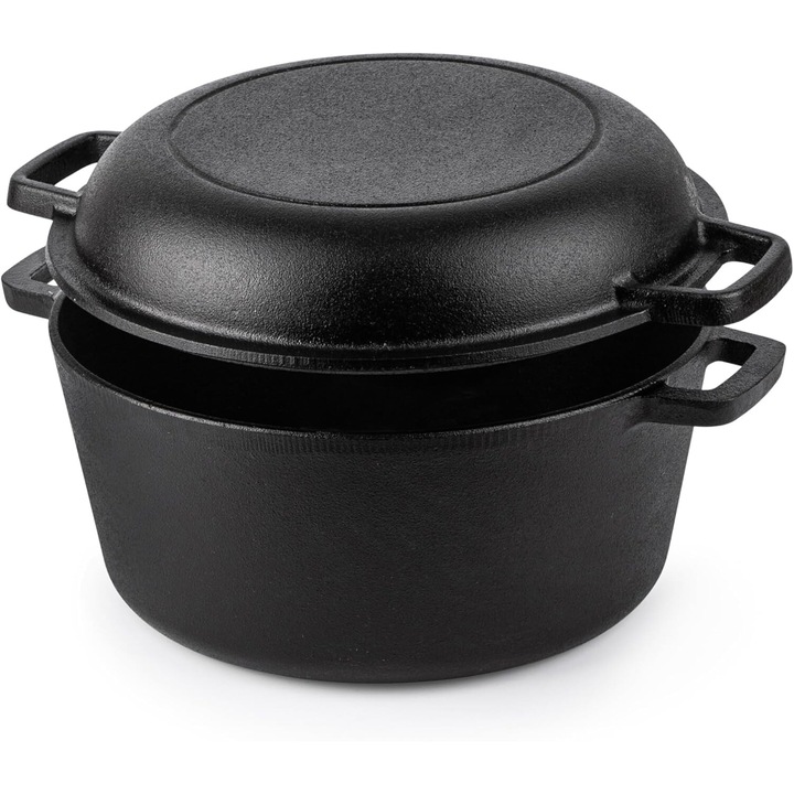 Előfűszerezett öntöttvas edény fedővel, 2 az 1-ben készlet, 5 liter, 26 cm, fekete