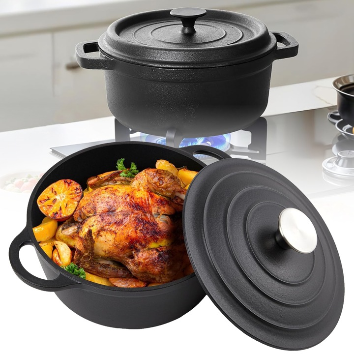 Oala cu capac din fonta, cratita fonta cu maner, cuptor olandez, 4L, 24cm, Ustensile pentru Gatit, Negru