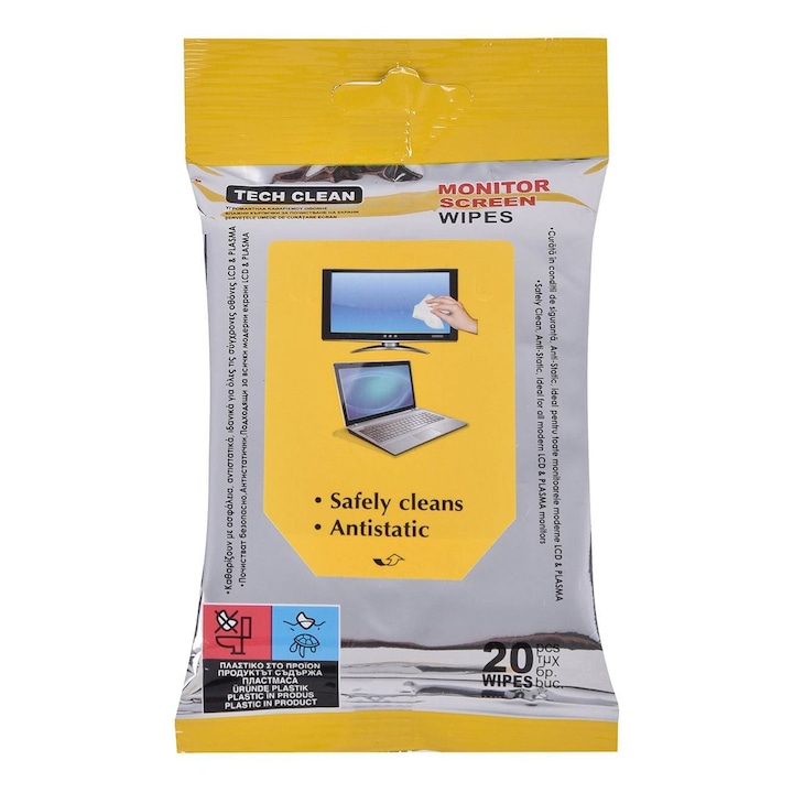 Servetele Umede Ecran, Tech Clean, Monitor Screen Wipes, Antistatice, Set 20 Bucati