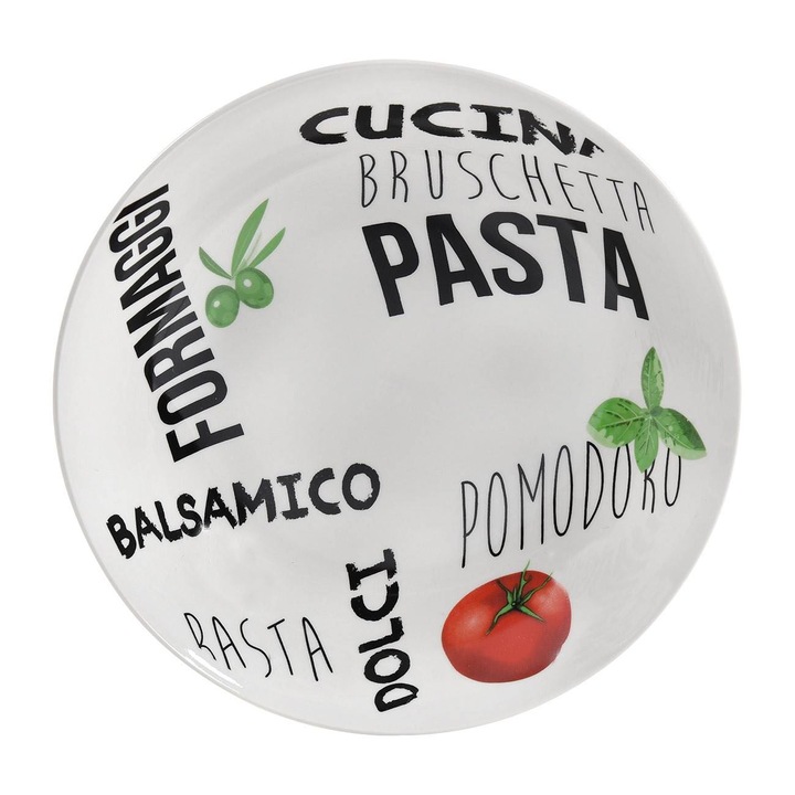 Farfurie adâncă din porțelan alb, litere negre, model roșii și busuioc, 20cm