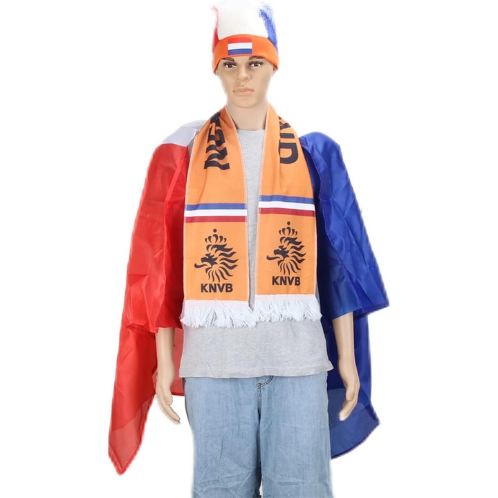 Costum pentru suporteri fotbal, echipa Olanda - Tarile de Jos, Set cu esarfa, caciula, steag si stickere, multicolor