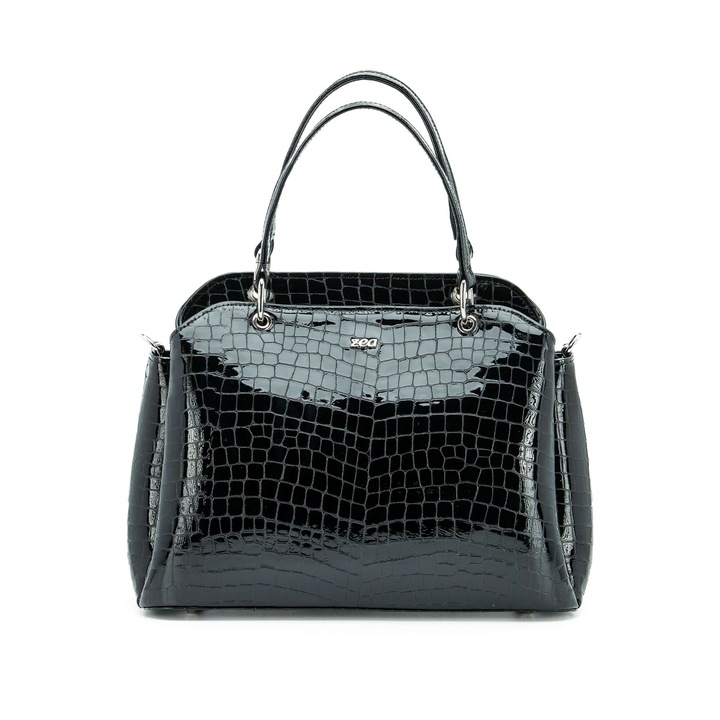 Geanta Dama, Office, Zea, Premium, Piele naturala, Croco Negru lac, 2 Manere piele, Aspect Lucios, 33x27x12 cm