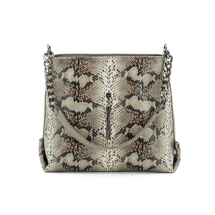 Geanta Dama, Office, Zea, Premium, Grej sarpe, Lucrata Manual, Piele Naturala, Tip sarpe, Maner cu Lant, 32x32x14 cm