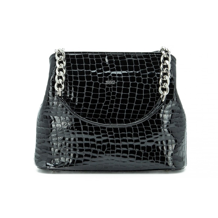 Geanta Dama, Office, Zea, Premium, negru, Lucrata Manual, Piele Naturala Croco Lac, Manerul Lant, 30x21x12 cm