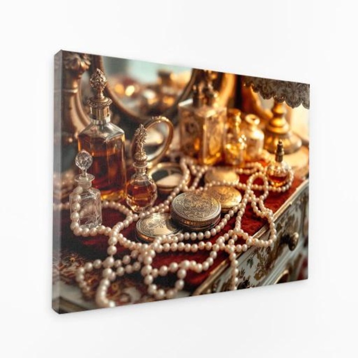 Картина на платно - Кутия за бижута с перли, златни бутилки [Кутия за бижута Pearls Gold Bottles] - 60x40 cm