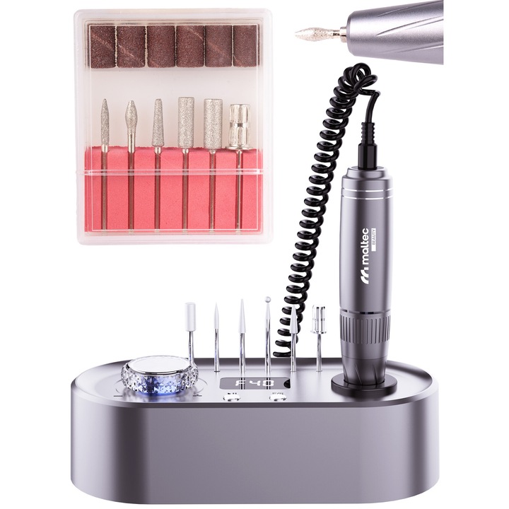 Електрическа пила за нокти, MalTec, за маникюр и педикюр, 6 професионални бормашини, 24W, 40000 RPM, сребриста