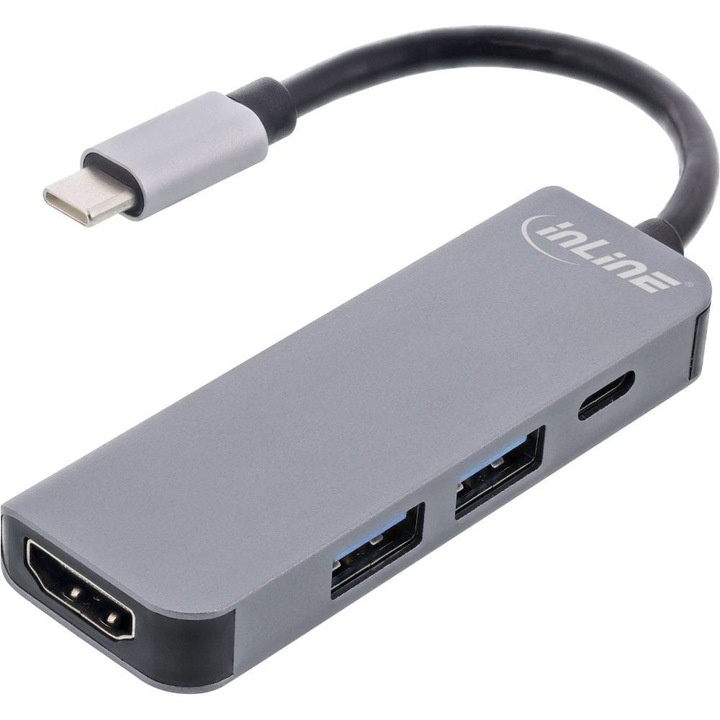 Hub, InLine, USB 3.2 Gen 1, Type-C, 2 porturi USB 3.2, 1 port HDMI, 5000 Mbit/s, gri