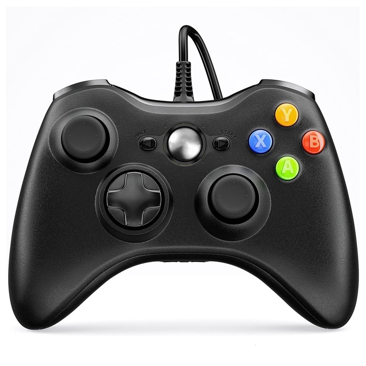 Controller de Joc cu Fir Teno ®, compatibil cu Xbox 360/Slim/PC Windows 7/8/10, vibratii duble turbo cu 3 intensitati, sensitivitate ridicata, cablu cu lungime de 2.5 m, negru