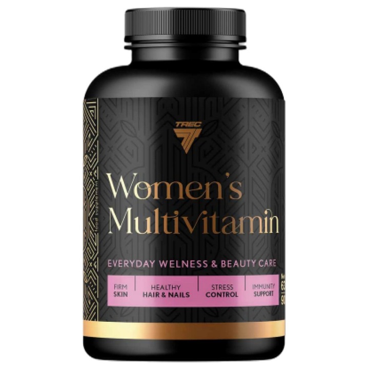Étrend-kiegészítő Trec Nutrition női multivitamin hal kollagén peptidekkel, hialuronsavval, koenzim Q10, L-karnitin, CLA és zöld tea, 90 kapszula