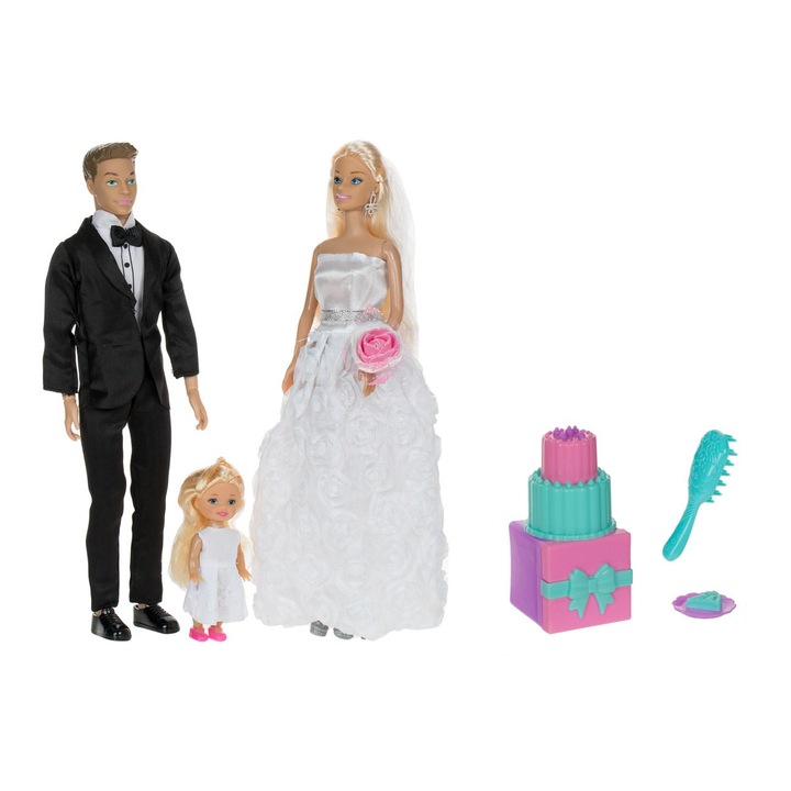 Menyasszony és vőlegény babakészlet lánnyal, fehér rózsa ruha, fekete öltöny, fiúk és lányok játékai, 3 év felett