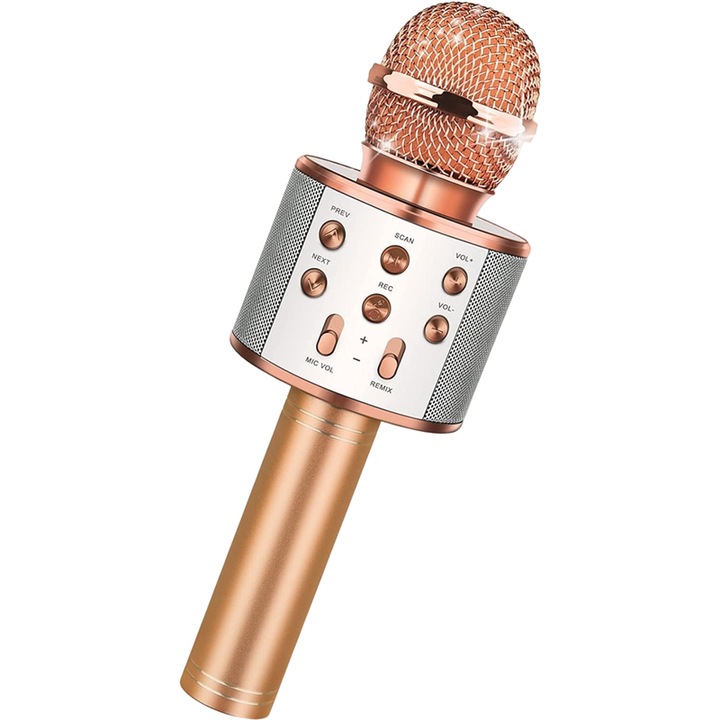 Microfon Karaoke Wireless ATOPDREAM, HiFi, reducere zgomot, culoare champagne, cu baterie reincarcabila