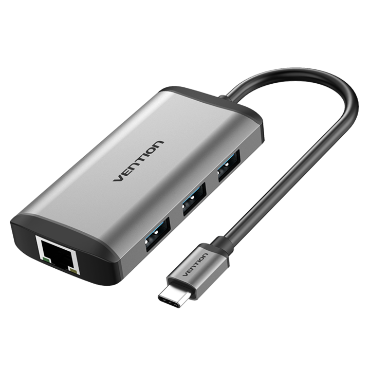 Хъб, USB C 6 в 1, VENTION, HDMI/USB 3.0 x 3/RJ45/PD, 4K@30Hz/ 5Gbps/ 10/100/1000Mbps/ 100W PD, Сив, 0.15m