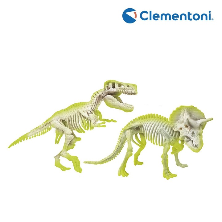 Science & Play játékkészlet, Clementoni, T-Rex és Triceratops dinoszauruszok, foszforeszkáló