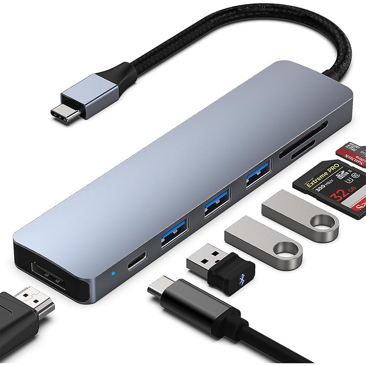 7-в-1 USB-C хъб, Rqiurpn, HDMI 4K@60Hz, 1xUSB 3.0, 2xUSB 2.0, SD/TF четец на карти, многопортов адаптер със защита от свръхток, Plug And Play, сив