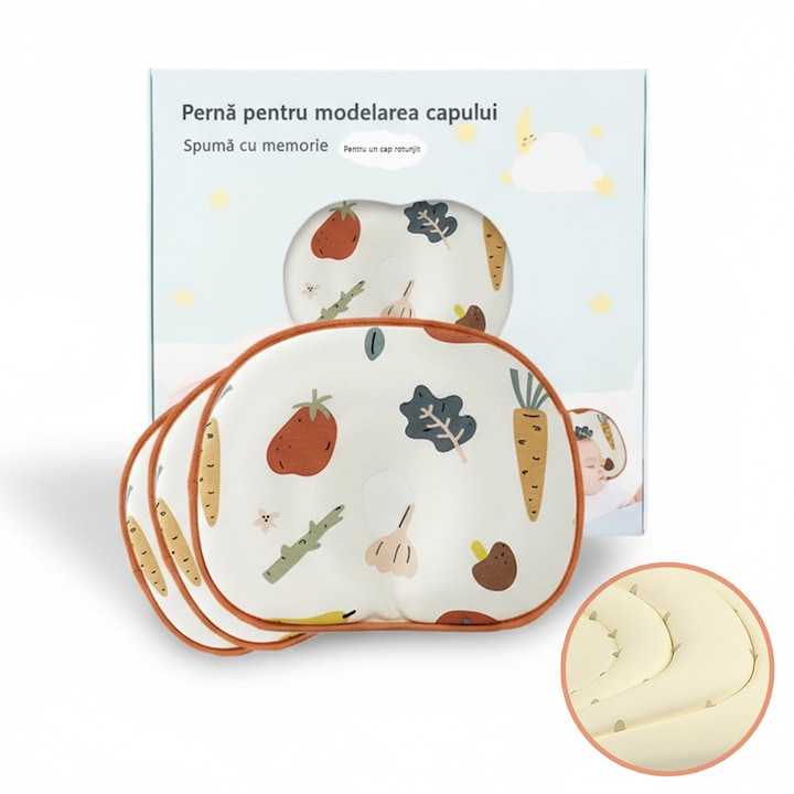 Perna Bebelusi, LittleDomi, cu 2 Huse, Anti Plagiocefalie pentru Forma Capului, Spuma cu Memorie, Orificii si Caneluri de Ventilatie, Corectiva, Bumbac 100%, Husa Detasabila, Material Hipoalergenic, Ideala pentru Nou-Nascuti, 27.5x20cm, Legume