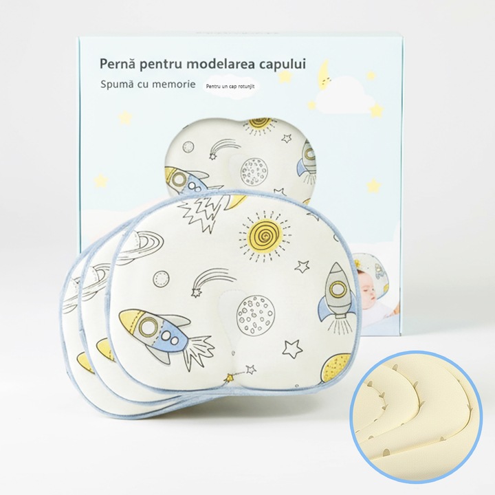 Perna Bebelusi, LittleDomi, cu 2 Huse, Anti Plagiocefalie pentru Forma Capului, Spuma cu Memorie, Orificii si Caneluri de Ventilatie, Corectiva, Bumbac 100%, Husa Detasabila, Material Hipoalergenic, Ideala pentru Nou-Nascuti, 27.5x20cm, Racheta