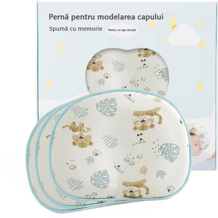 Babapárna, LittleDomi, 2 huzattal, fejformához illő plágiocephalia elleni védelemmel, memóriahab, szellőzőnyílások és barázdák, korrekciós, 100% pamut, levehető huzat, hipoallergén anyag, újszülötteknek ideális, 27,5x20cm, Tiger
