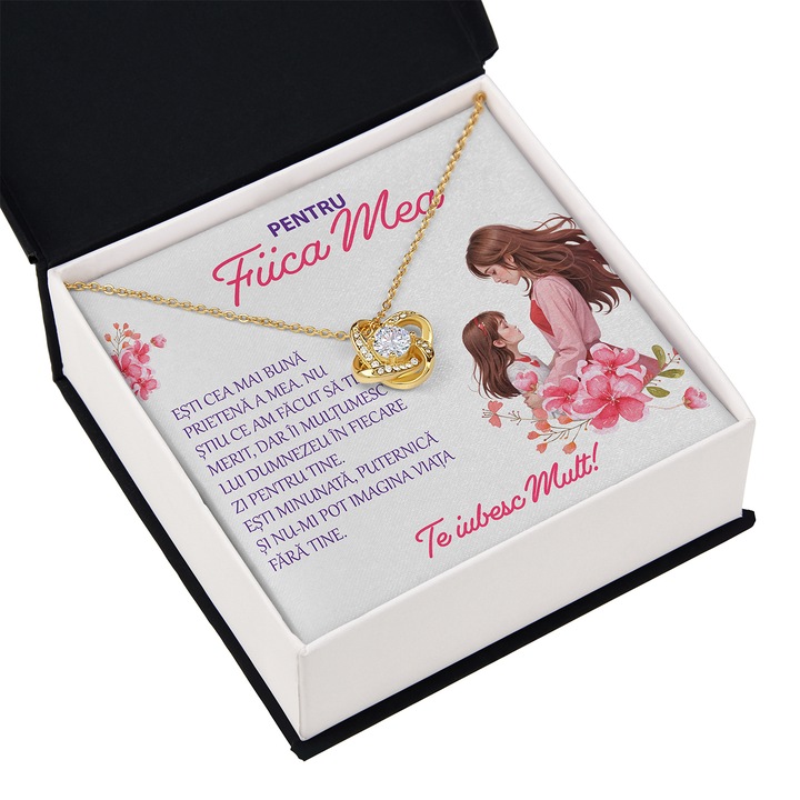 Set Cadou Pentru Fiica De la Mama, JOYSTOS, Colier din Argint 925 cu Pandant `Nodul Iubirii` Placat cu Aur 14K, Card Cu Mesaj in Cutie `Pentru fiica Mea`, si Impachetare Premium Inclusa