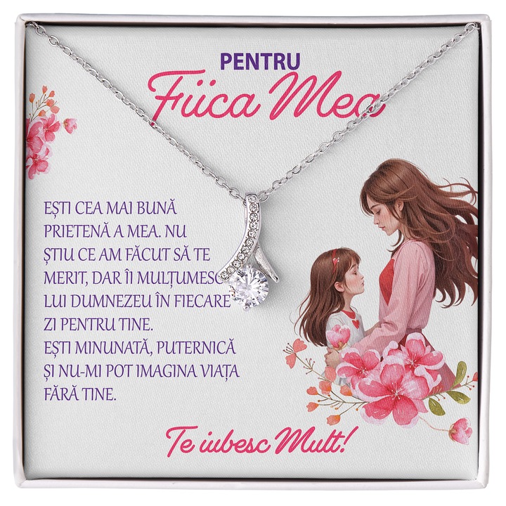 Set Cadou Pentru Fiica De la Mama, JOYSTOS, Colier din Argint 925 cu Pandant `Tempting Beauty` Placat cu Aur Alb 14K, Card Cu Mesaj in Cutie `Pentru fiica Mea`, si Impachetare Premium Inclusa