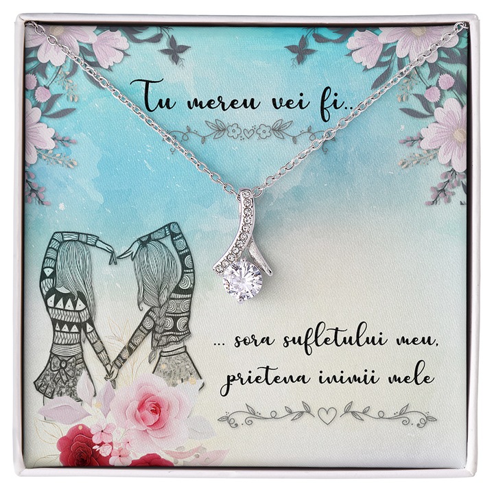 Set Cadou Colier din Argint 925 cu Pandant Tempting Beauty Placat cu Aur 14 K, JOYSTOS, Mesaj "Sora sufletului meu, Prietena inimii mele"